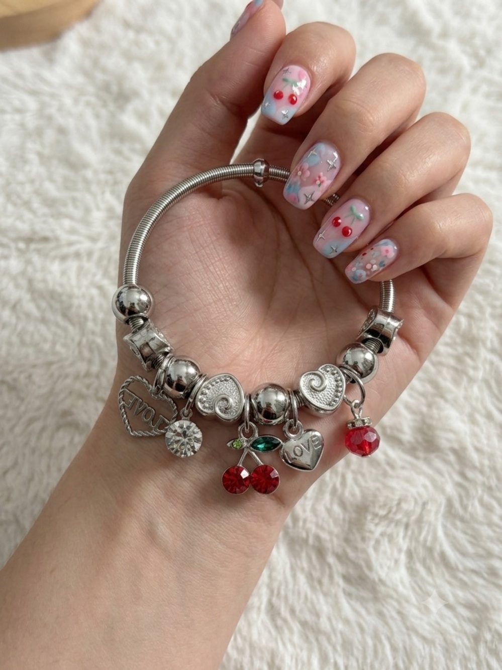 Silver Charm Bracelet with Red Cherry Crystal Charms